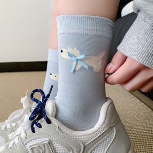 ins潮卡通春秋款 可爱小狗袜子女纯棉中筒袜夏季 学院风蓝色堆堆袜