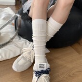miu系白色竖纹小腿袜春秋款 纯棉韩式 jk学院风简约基础及膝堆堆袜