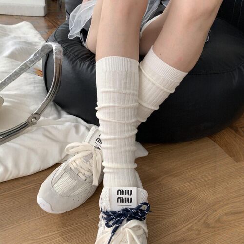 miu系白色竖纹小腿袜春秋款纯棉
