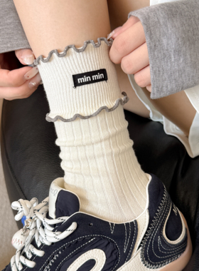 白色花边布标袜子女秋冬中筒棉袜灰色miu系芭蕾风搭配老爹鞋ins潮