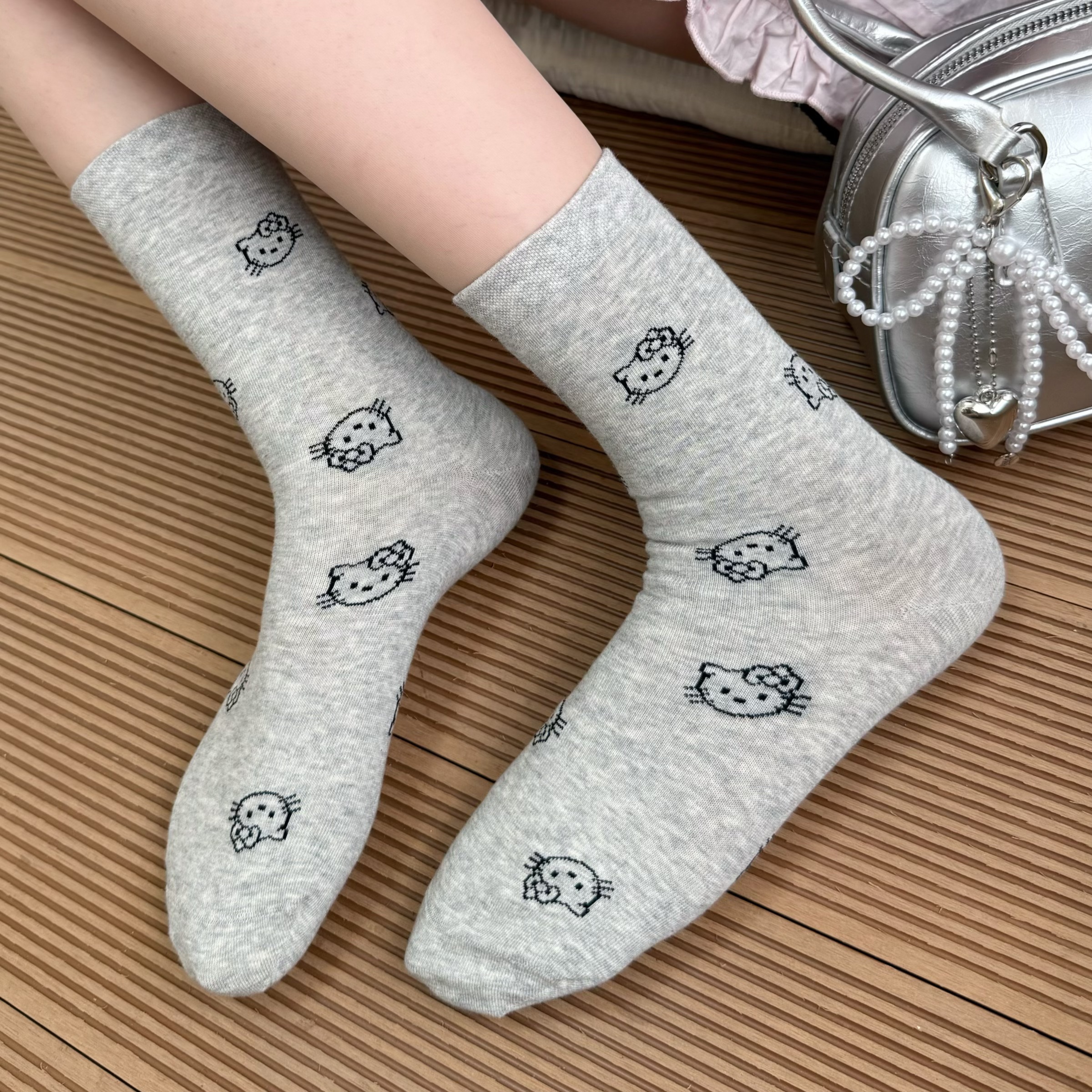 灰色袜子女猫咪中筒袜夏季