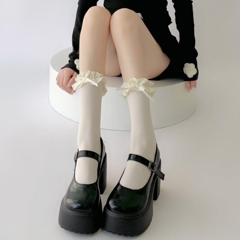 白色花边蝴蝶结中筒袜子女夏季