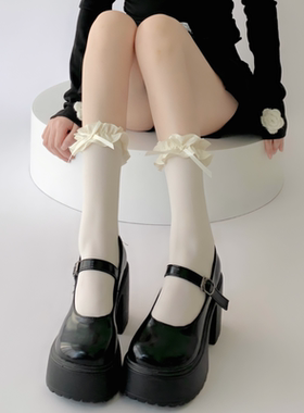 白色中筒袜子女花边蝴蝶结夏季薄款天鹅绒jk堆堆袜玛丽珍小腿袜