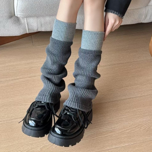 灰色针织袜套女中筒秋冬季 设计感粗线羊毛堆堆袜拼色y2k小腿腿套