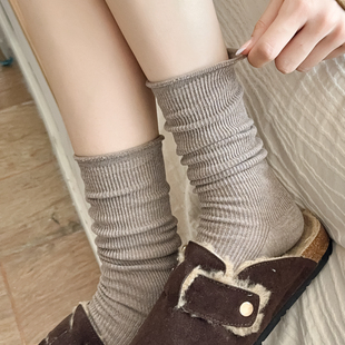 袜子女春秋款纯棉棕色美拉德中筒卷边堆堆袜咖色长筒袜搭配勃肯鞋