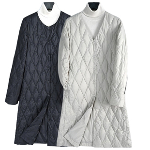 菱形羽绒服时尚 开衫 内搭圆领v领外套秋冬 90白鸭绒中长款 日单正品