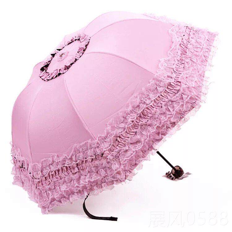 高档遮伞防晒抗V雨伞女晴雨两用折叠黑阳胶伞蕾丝公U主遮阳洋女神