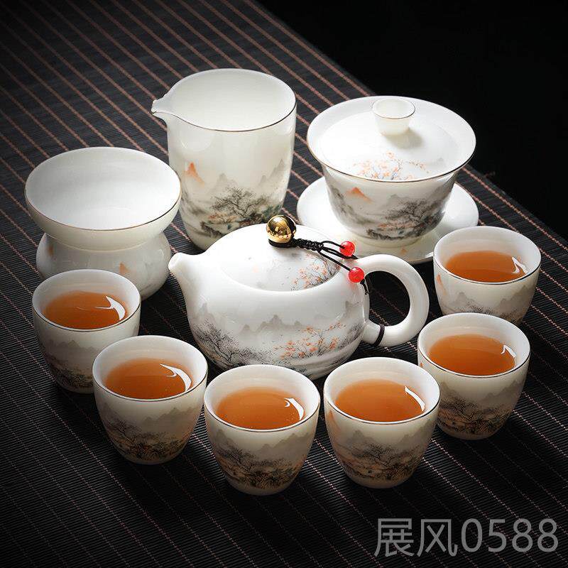 高档脂茶具套功夫套装中国障装碍豪华茶杯无办公室白瓷茶玉壶盖碗