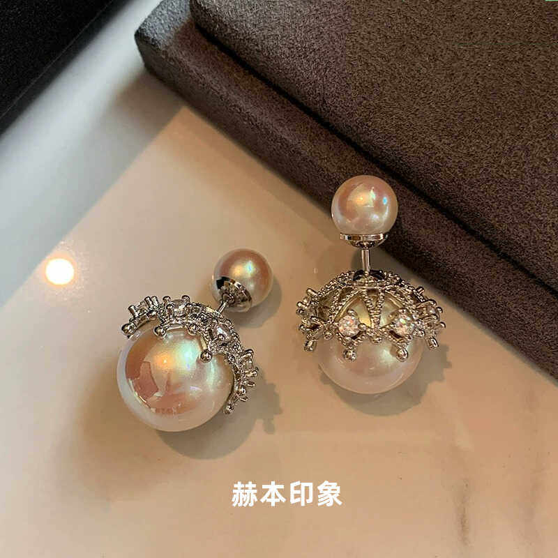 赫本印象丨粉光珍珠耳钉女银色镶钻皇冠轻奢小众高级感气质耳环