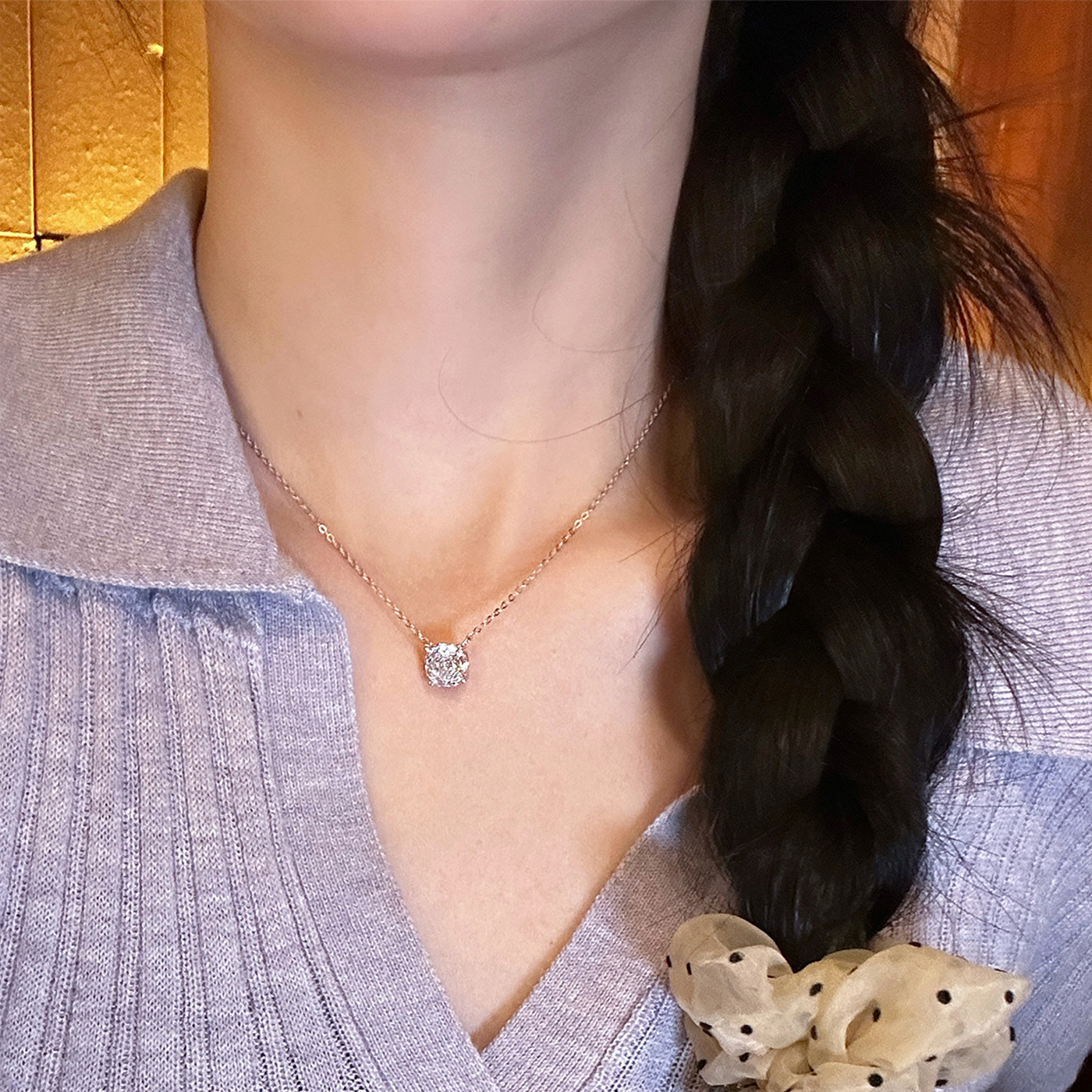 玫瑰花切纯银单钻项链女轻奢