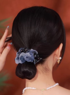 思亚新中式大肠发圈女后脑勺盘发头绳蓝色扎丸子头皮筋头花发饰