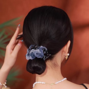 思亚新中式大肠发圈女后脑勺盘发头绳蓝色扎丸子头皮筋头花发饰
