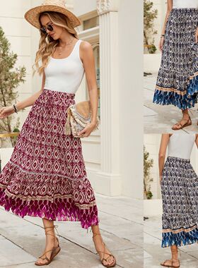Printed elastic waisted pleated long skirt印花松紧腰百褶长裙