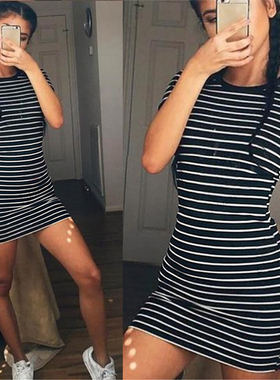 White Striped Dresses Casual Elegant Sheath Slim Dress连衣裙
