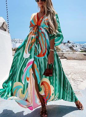 Long Dress Women Fashion Print Deep V Boho Dresses雪纺长裙