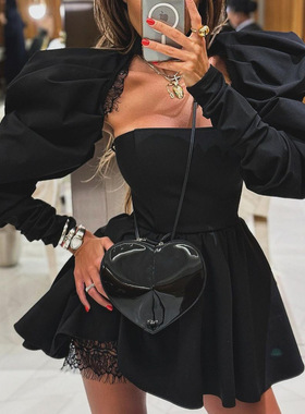 Long sleeved waist cinching dress 女士纯色抹胸长袖收腰连衣裙