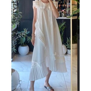 color 纯色不规则压褶无袖 irregular dress 连衣裙 pleated Solid