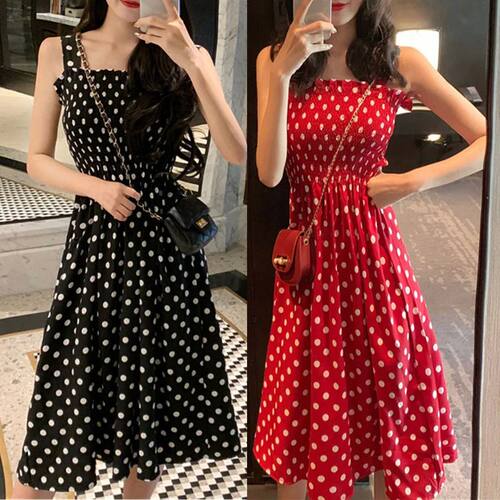 Ladies' polka dot one shoulder dress  女式波点单肩吊带连衣裙