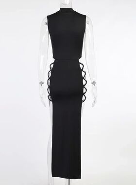 Solid color half high neck vest split dress 纯色半高领连衣裙