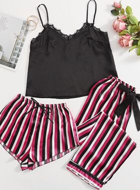 2022 Fall/Winter Striped Pajama Pants Black Sling Pajama Set