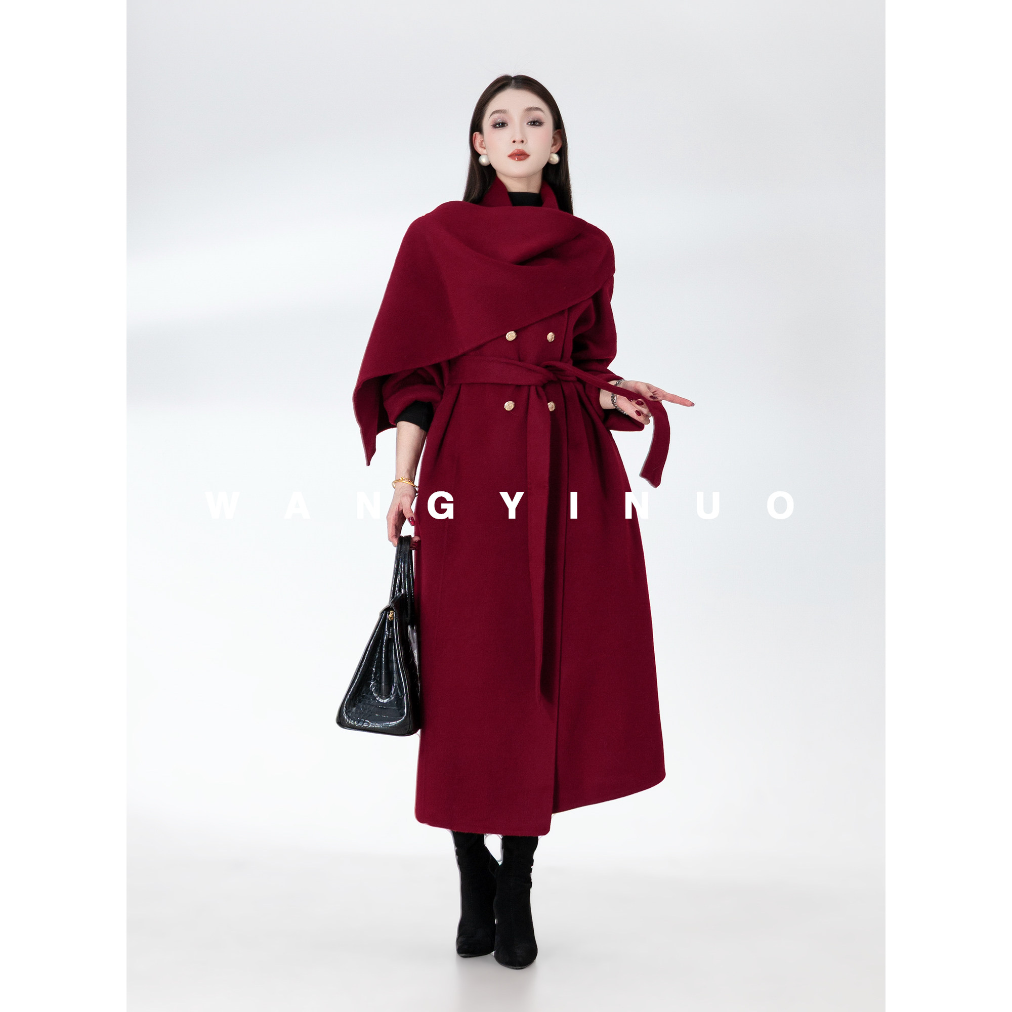 MD依诺【绯色悸动】2026新款气质保暖长款通勤休闲风修身羊毛外套