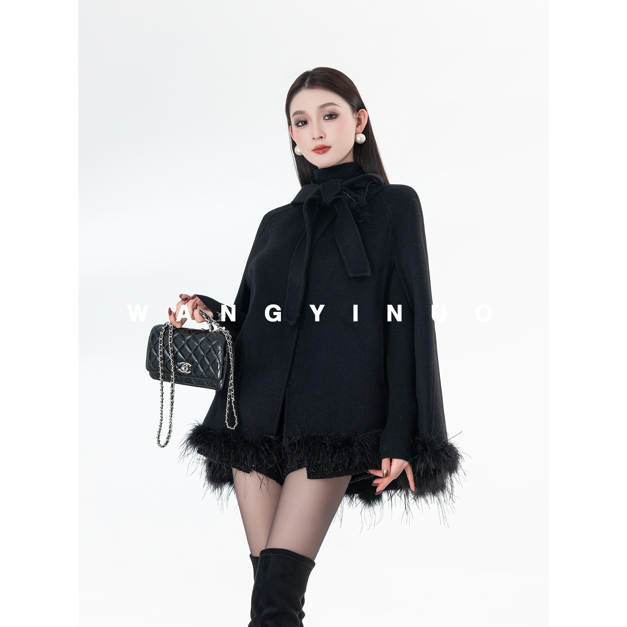 MD依诺【优雅简行】2025冬季款法式双面设计拼接羽毛斗篷羊毛外套,女装/女士精品,毛呢外套,淘宝优惠券,粉丝福利购,淘宝优惠卷