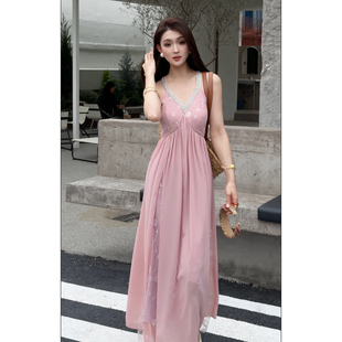 名媛风千金古感V领镶钻无袖 MD依诺 款 2026夏季 连衣裙 粉调香颂