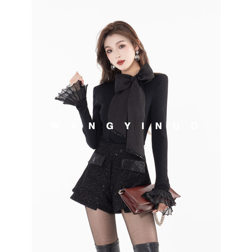 MD依诺【织梦浪漫】2025冬款宽松针织套头蝴蝶结时尚休闲打底上衣