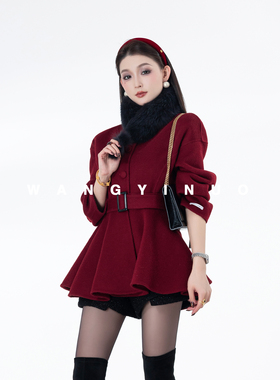 MD依诺【赤焰如火】2025冬季款拼接时尚百搭高贵毛呢收腰羊毛外套