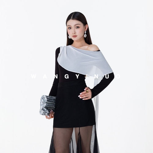 MD依诺【温润美人】2026新款时尚休闲百搭设计感长袖飘带撞色上衣