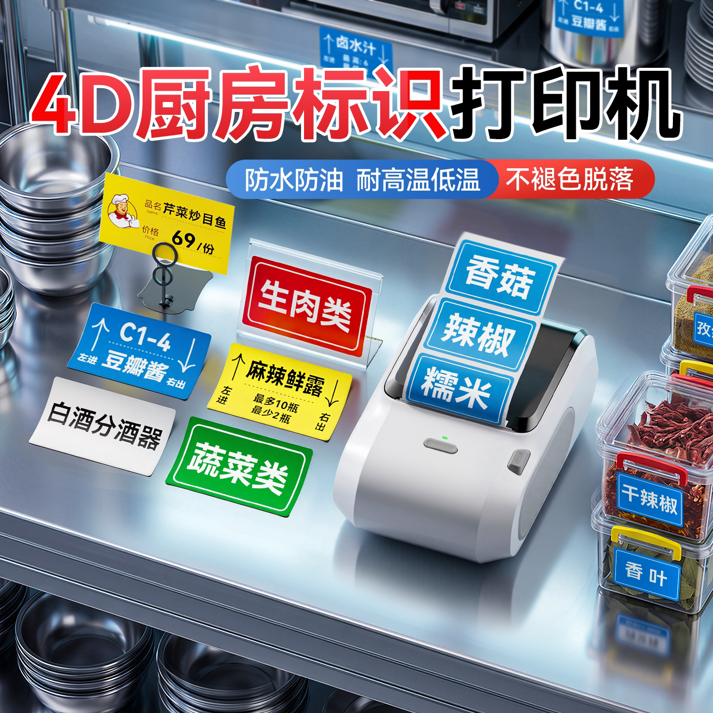 精臣M2厨房标签打印机小型4D管理标识不干胶贴纸酒店餐饮幼儿园食堂生熟分类后厨海鲜明档菜牌防水价格标签机