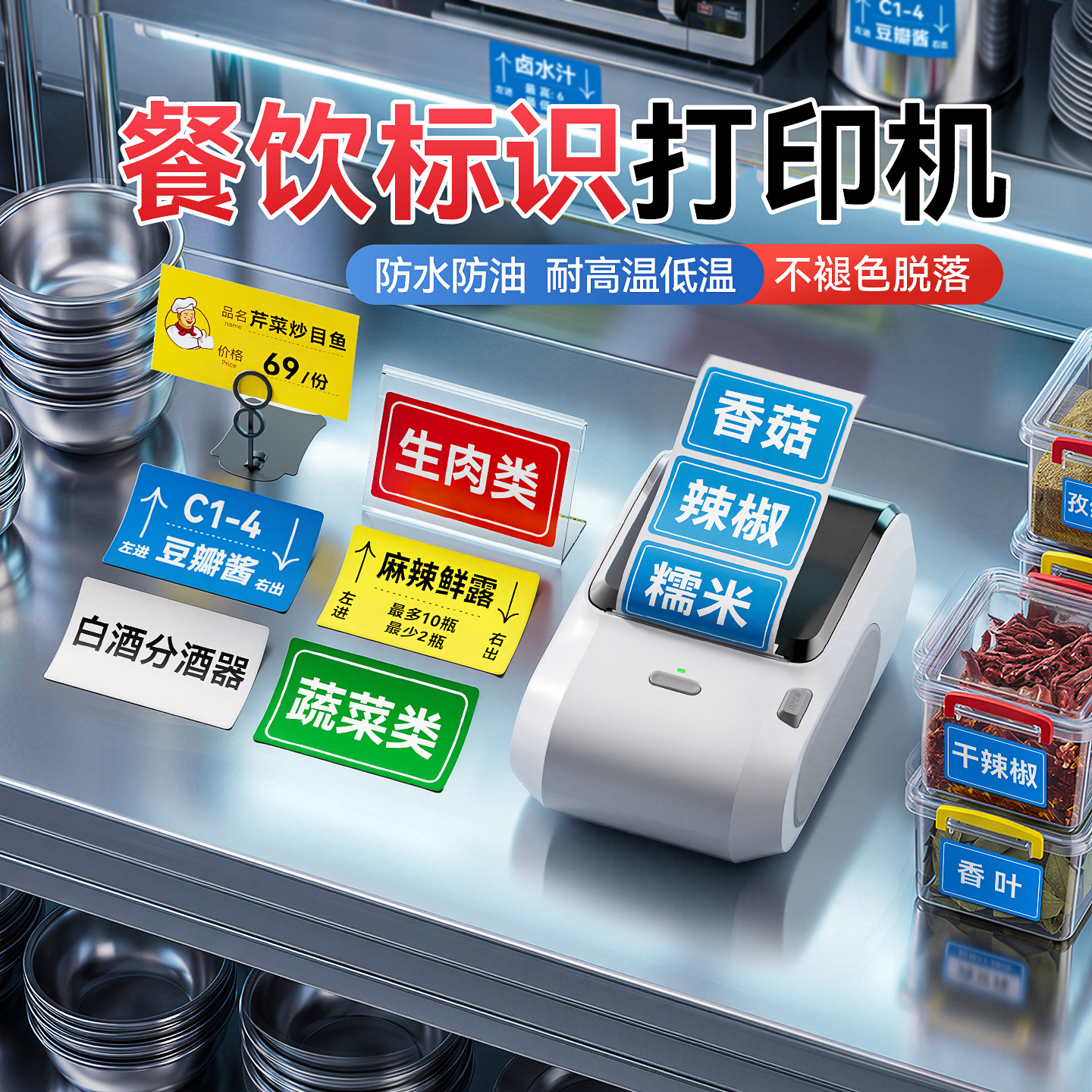 精臣M2厨房标签打印机小型4D管理标识不干胶贴纸酒店餐饮幼儿园食堂生熟分类后厨海鲜明档菜牌防水价格标签机