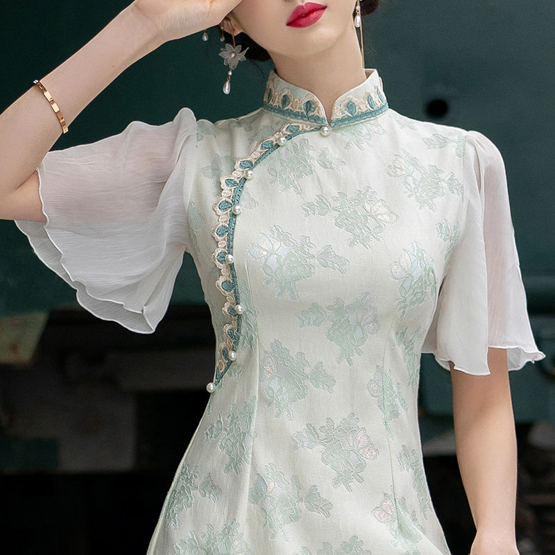 倒大袖旗袍2022年新款女夏季改良版年轻日常素雅梨形身材气质高端