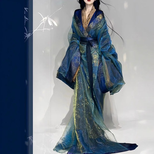 闪光战国袍织金汉服新中式直裾拖尾蓝色古装女民族超仙影楼摄影服