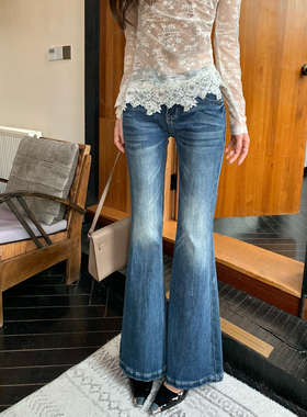 Norain不下雨蓝色直筒宽松水洗低腰微喇牛仔裤女新款紧身修身裤子