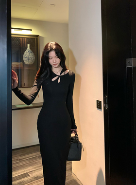 Norain不下雨 清冷感镂空设计长袖连衣裙女早秋收腰修身黑色长裙