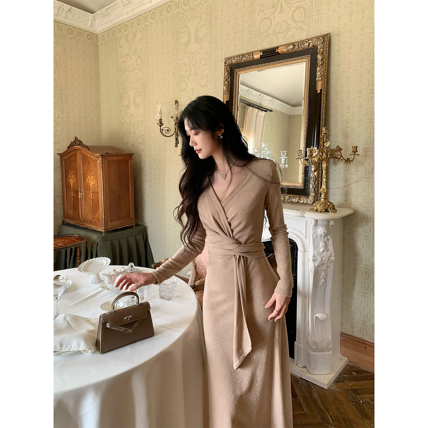 Norain不下雨 秋冬长袖针织连衣裙女设计感绑带收腰修身包臀裙