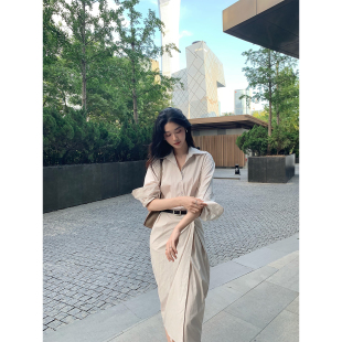 Norain不下雨 白色收腰衬衫裙女夏季新款法式气质修身长袖连衣裙