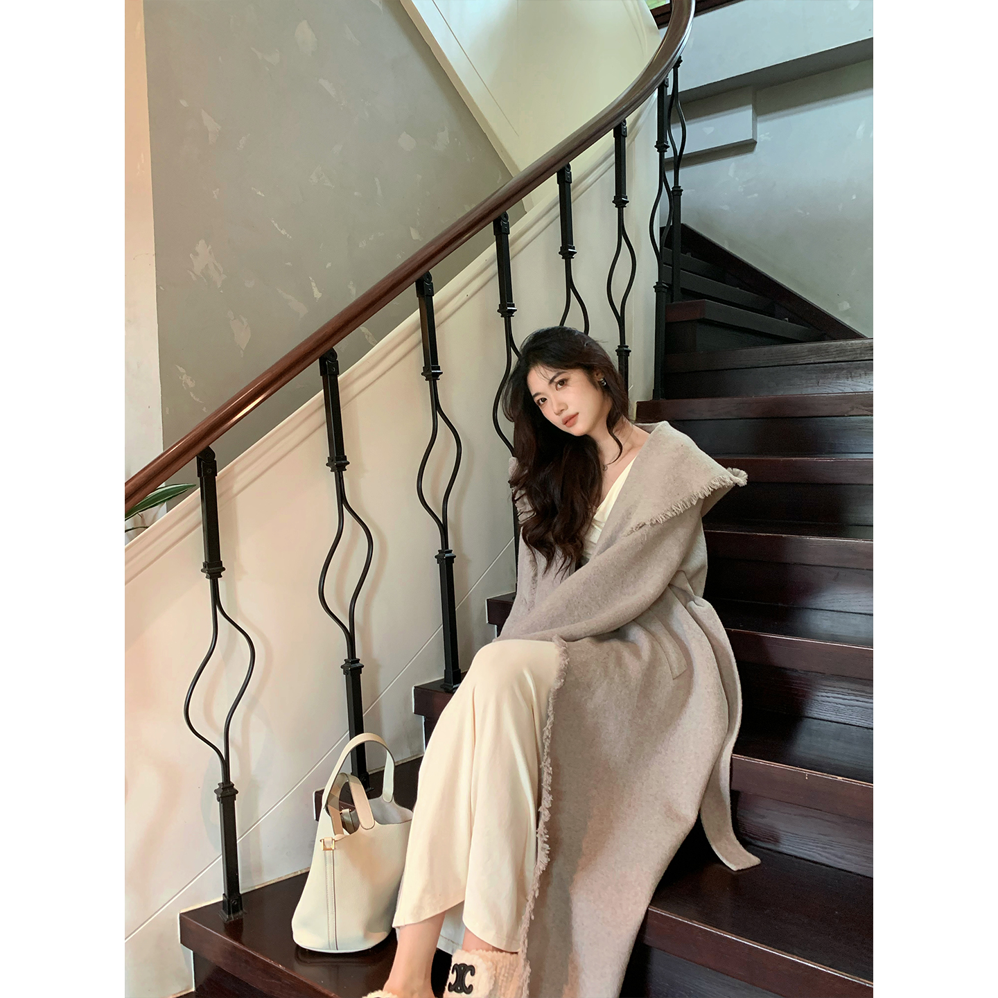 Norain不下雨 11/24 新品7折 灰色中长款羊毛双面呢斗篷大衣外套