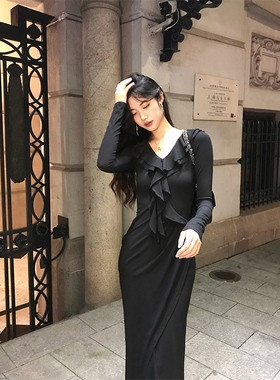 【现货5折清仓】Norain不下雨 法式v领黑色针织长袖连衣裙