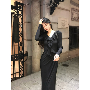 v领黑色针织长袖 法式 Norain不下雨 连衣裙 现货5折清仓