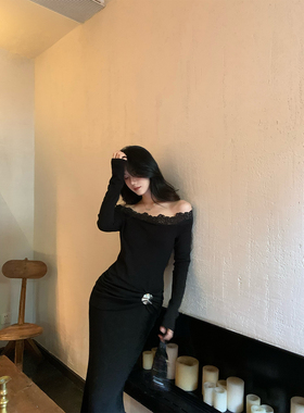 Norain不下雨  黑色蕾丝拼接长裙女冬季法式收腰一字肩长袖连衣裙