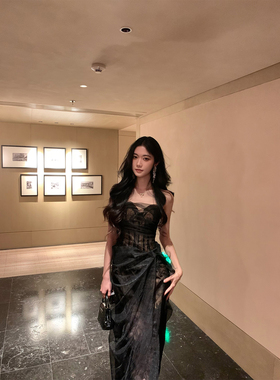 Norain不下雨黑色性感蕾丝网纱吊带连衣裙女春季新款修身礼服长裙