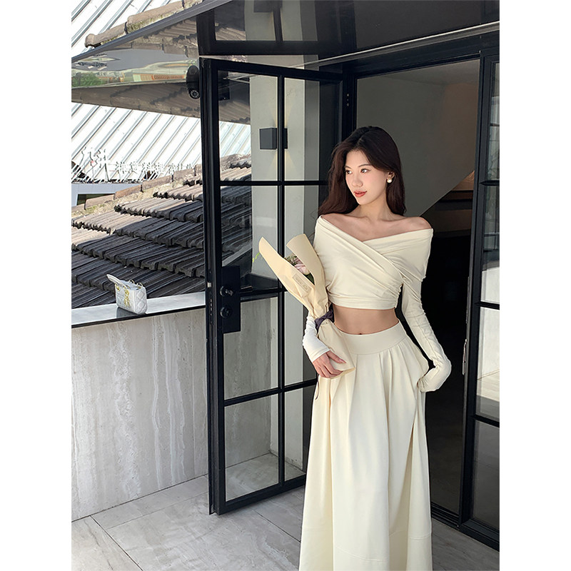 Norain不下雨 杏色交叉设计长袖上衣女a字气质半身长裙高级感套装