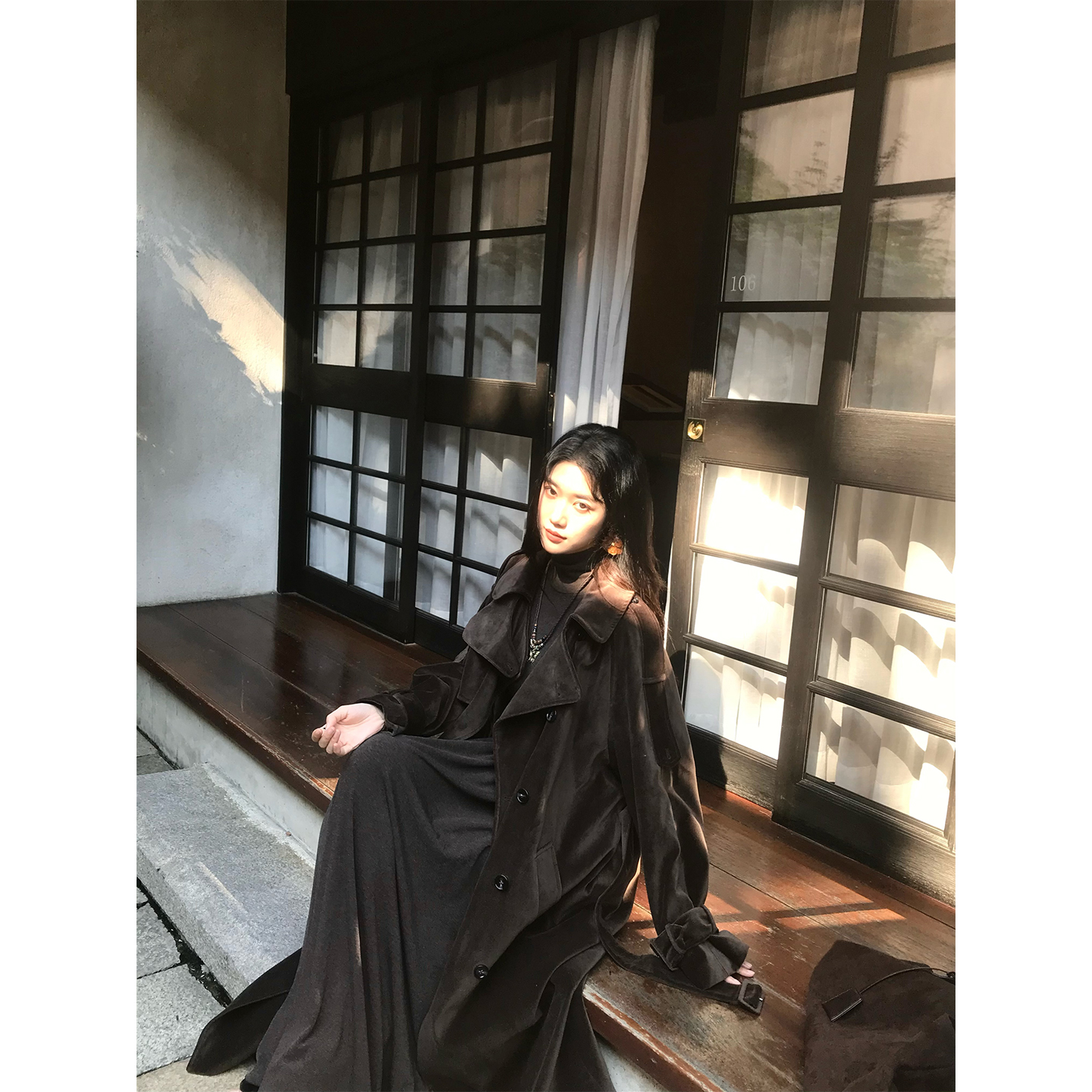 Norain不下雨咖色长款双排扣收腰风衣外套女2025新款长袖正肩大衣