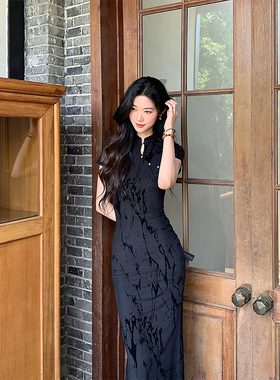 Norain不下雨 黑色新中式改良立领收腰连衣裙女长款修身绝美旗袍