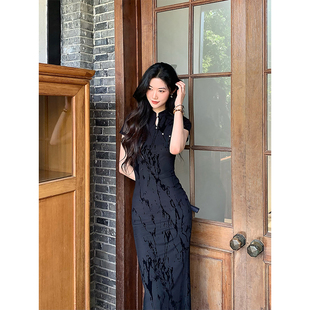 Norain不下雨 黑色新中式改良立领收腰连衣裙女长款修身绝美旗袍