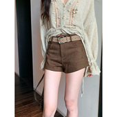 女早秋直筒宽松百搭热裤 Norain不下雨 麂皮复古高腰休闲显瘦短裤