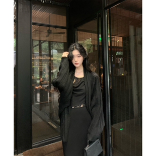 Norain不下雨黑色蕾丝拼接荡领连衣裙女秋冬长袖 收腰显示内搭长裙