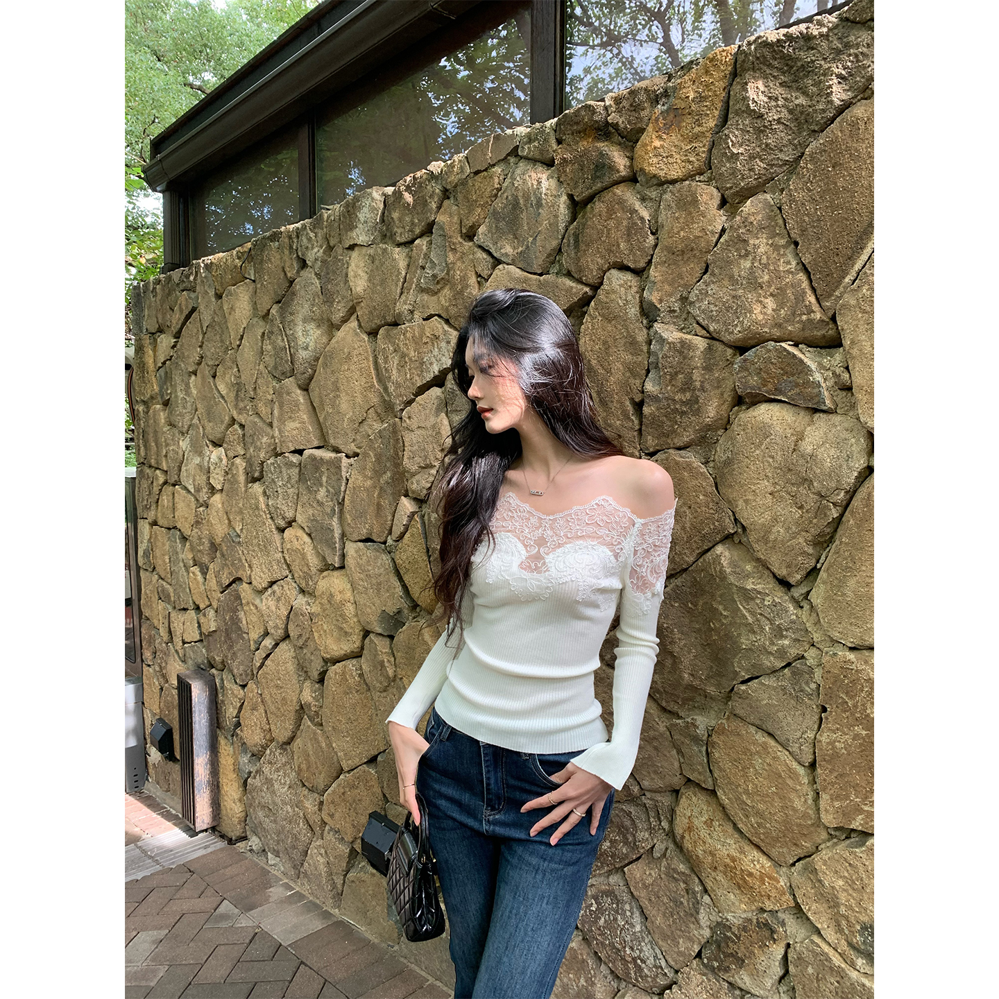Norain不下雨 一字肩蕾丝针织上衣